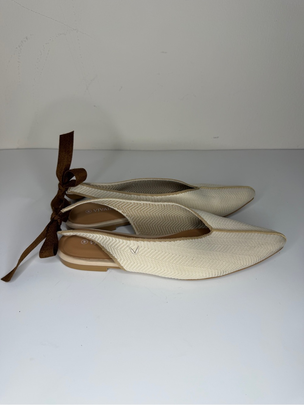 Vivaia Pointed Slingback Tie Flats Women’s Size 41 US 10 Beige Tan Knit Textile